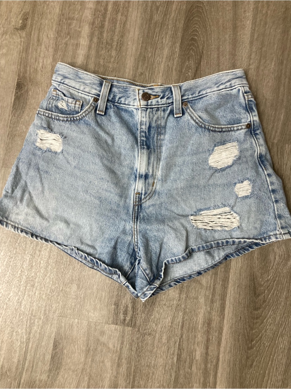 Levi High Waisted Mom Jean Shorts High-Rise Distressed Denim Shorts - Light Blue